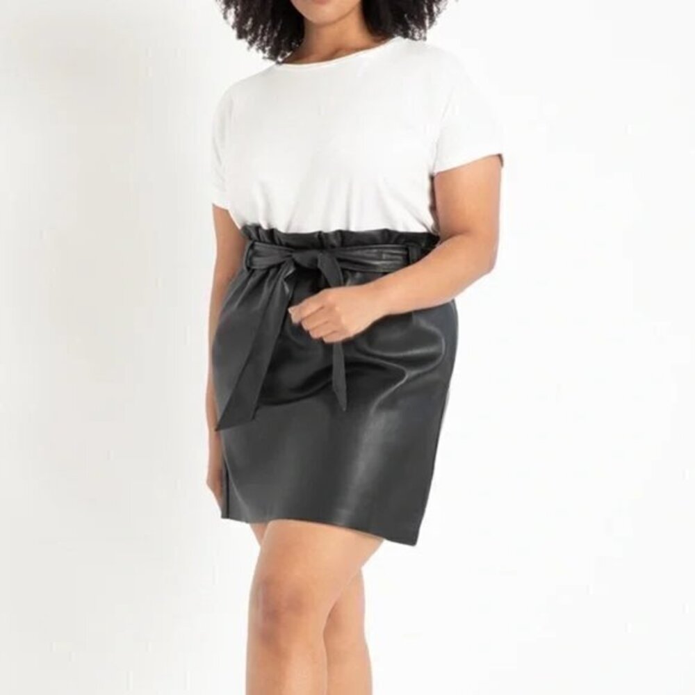 ELOQUII Paperbag Waist Belted Faux Leather Skirt, Black Size 24W